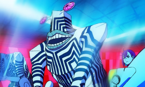 A weird, stripey alien with bug-like pink eyes and an upsettingly large blue mouth on a colorful background.