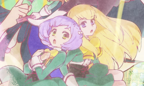 Two pastel anime girls in green dresses looking surprised.