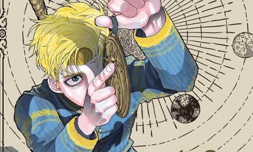 A blonde young man holds an instrument for measuring the stars and the earth.