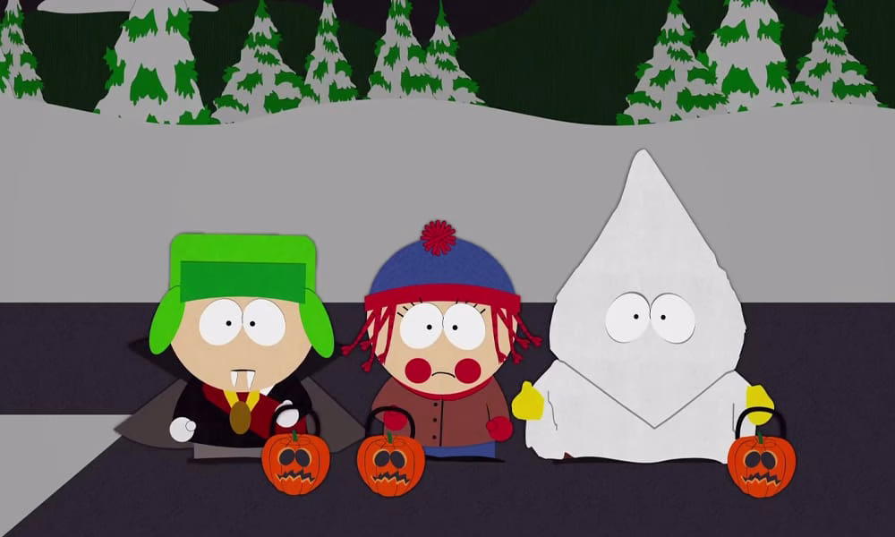 South Park's Kyle, Stan, and Eric going trick-or-treating.