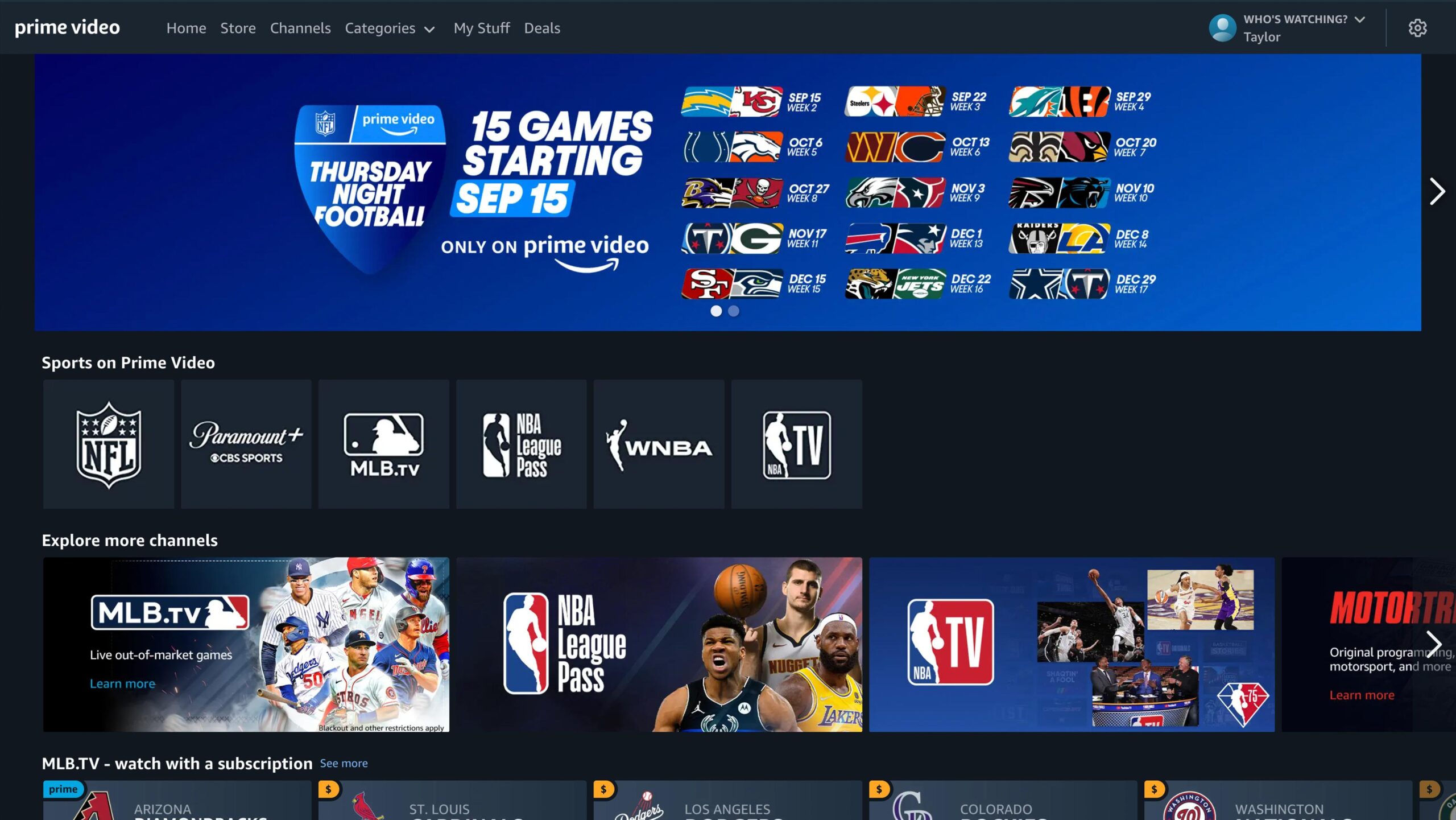 Amazon Prime Video Sports Storefront The live sports storefront on Amazon Prime Video displays rows of league content and channel offerings.