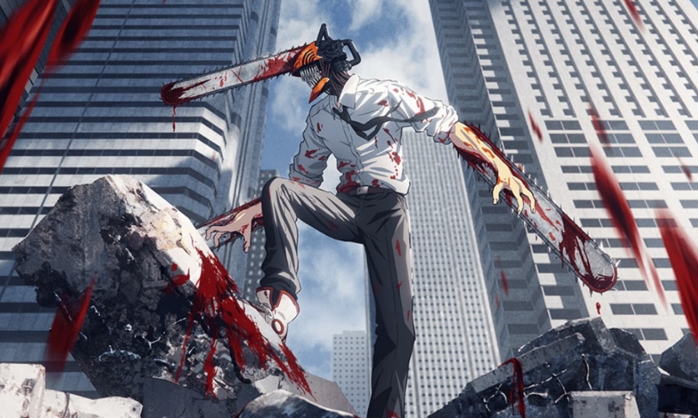 A man with a chainsaw for a head. He's covered in a lot of blood.