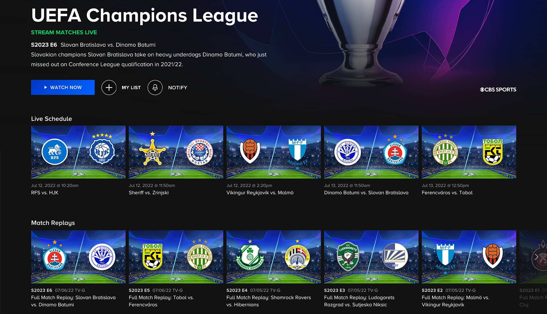 Champions League on Paramount Plus The Champions League show page on Paramount Plus displays a live schedule and match replays.