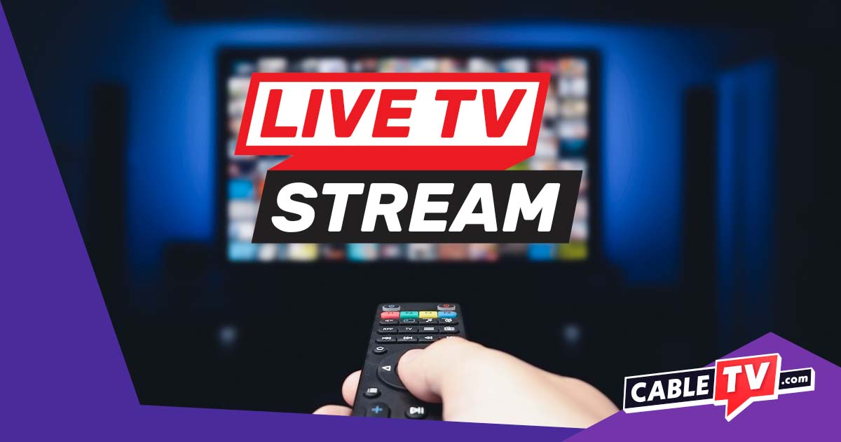 Live TV stream text over a stock image of a person holding a remote in front of a TV.