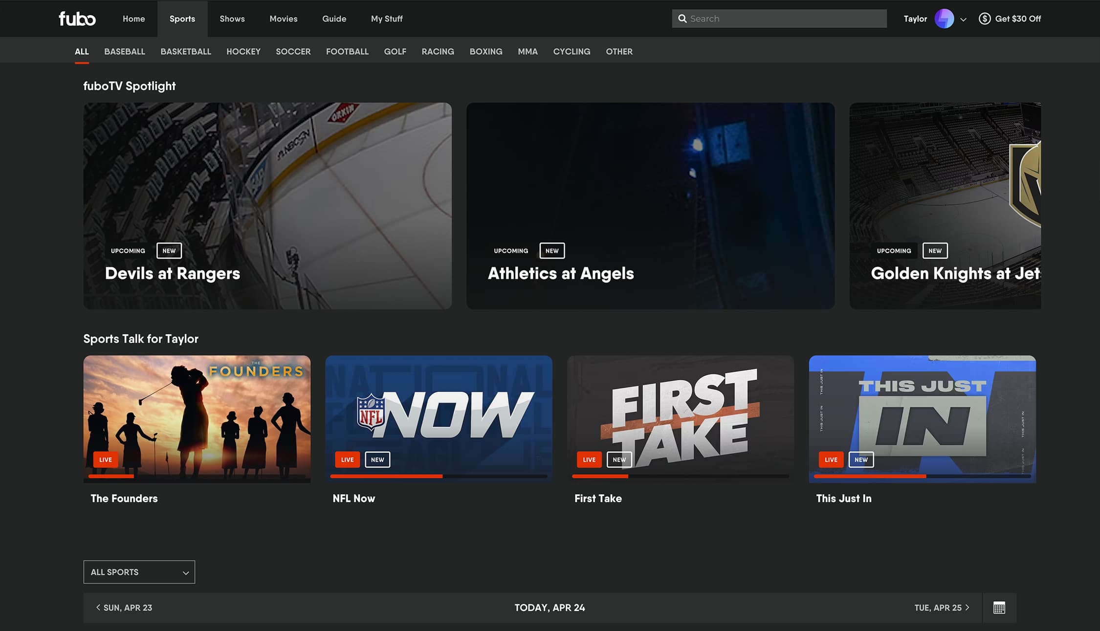 CTV_fuboTV_Sports_Menu The Fubo Sports menu displays rows of live and upcoming sports programs.