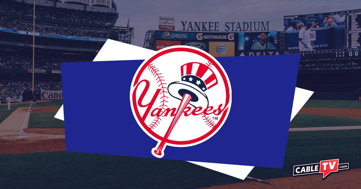 The New York Yankees logo over an image of Yankee Stadium.