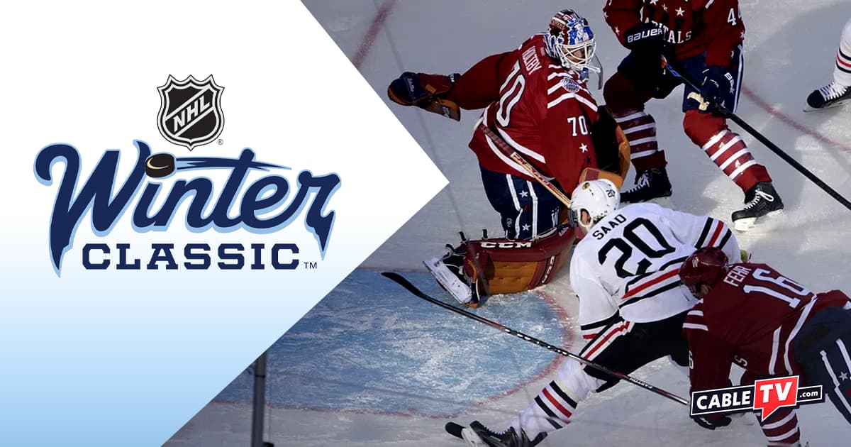 Action shot of hockey players alongside the NHL Winter Classic logo.