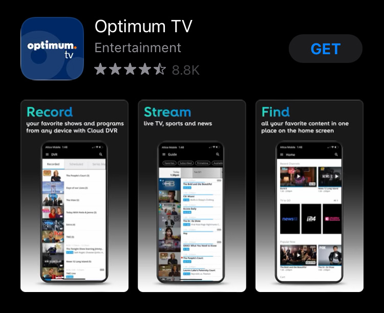 CTV_Optimum-TV-app-store Optimum TV app shown in Apple App Store search results