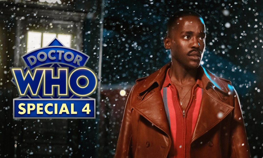 DoctorWho1000x600 The "Doctor Who: Special 4" logo next to Ncuti Gatwa, a Black man with a mustache and brown leather jacket.
