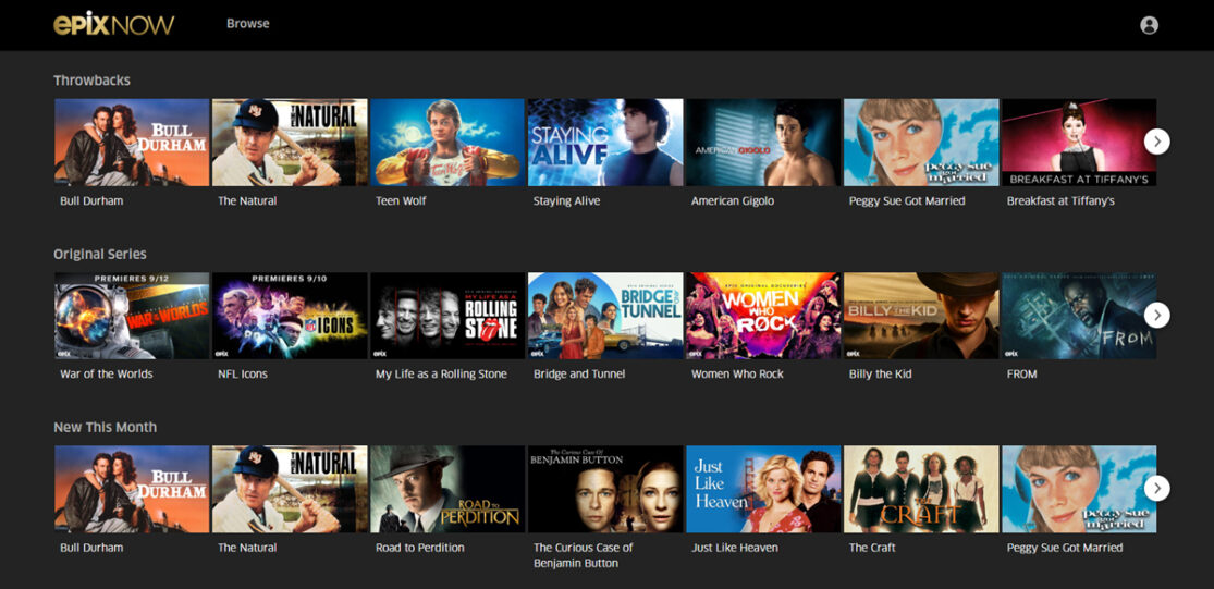 EPIX NOW home screen viewed on computer screen