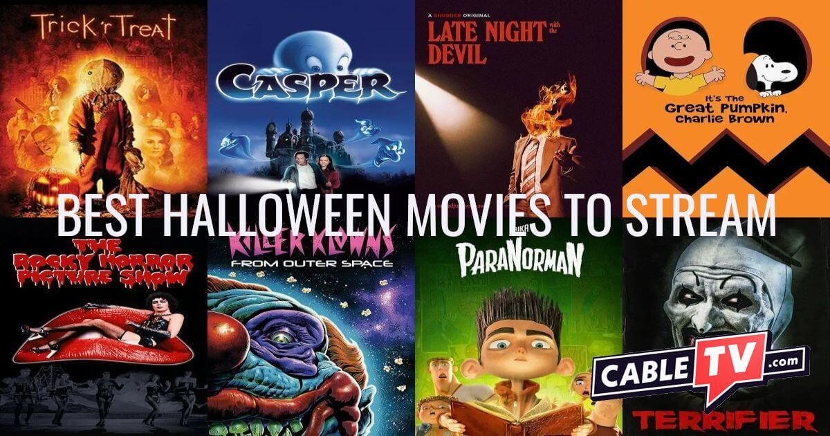 A collage of movie posters for the best Halloween movies, including Trick 'r Treat, The Rocky Horror Picture Show, Killer Klowns from Outer Space, ParaNorman, Terrifier, and Killer Klowns from Outer Space.