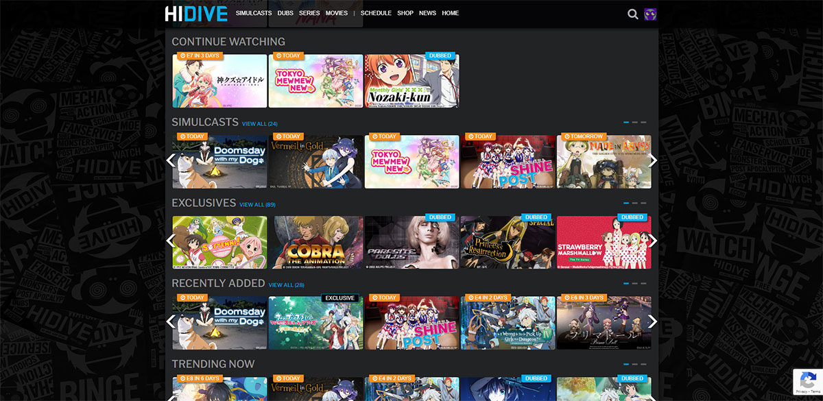 Home Screen on HIDIVE