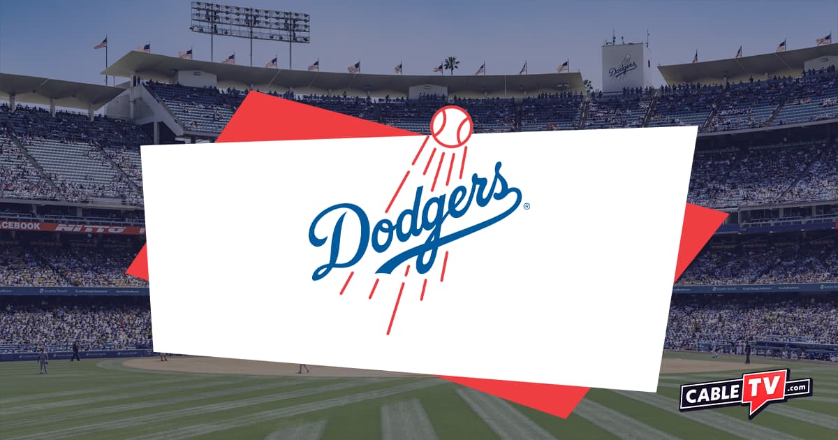 The Los Angeles Dodgers logo over an image of Dodger Stadium.