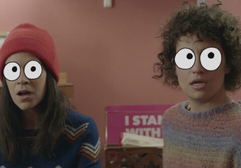 Two young women with cartoon eyes