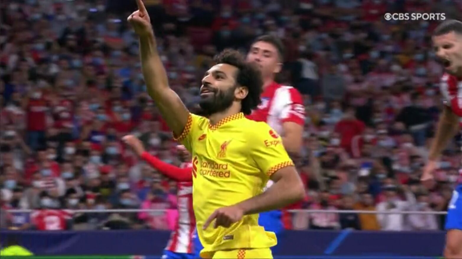 ParamountPlus_ATMLIV Paramount Plus screenshot of soccer player Mohamed Salah celebrating a goal.
