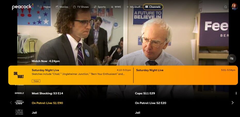 The Peacock live TV guide with an episode of Saturday Night Live playing behind it.