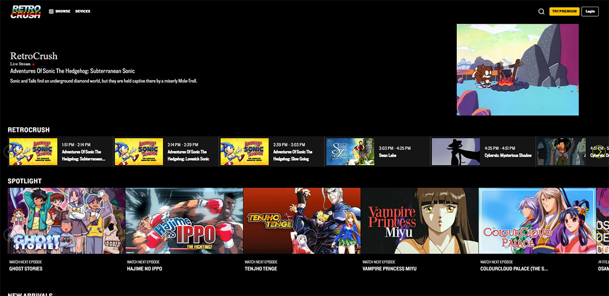 Home screen of RetroCrush