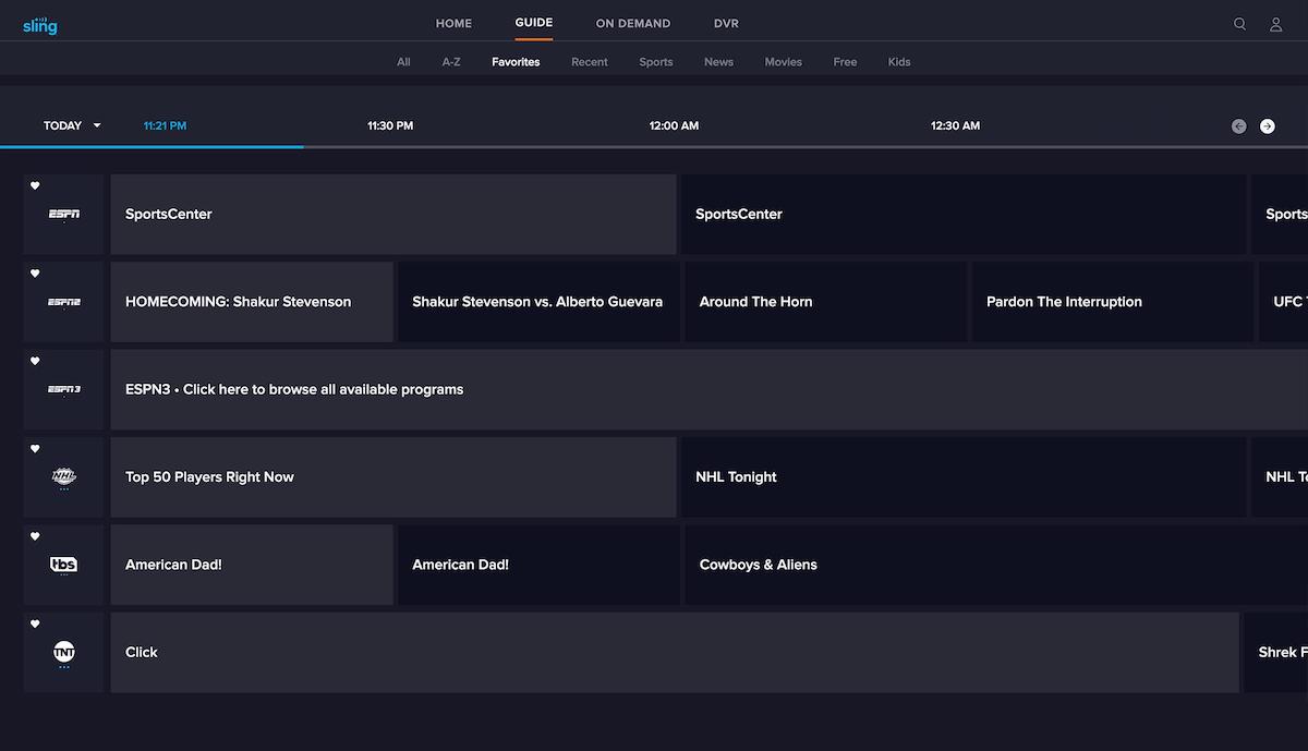 The Sling TV channel guide displays six channels selected as favorites.