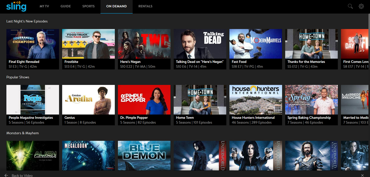 Sling T V on demand menu
