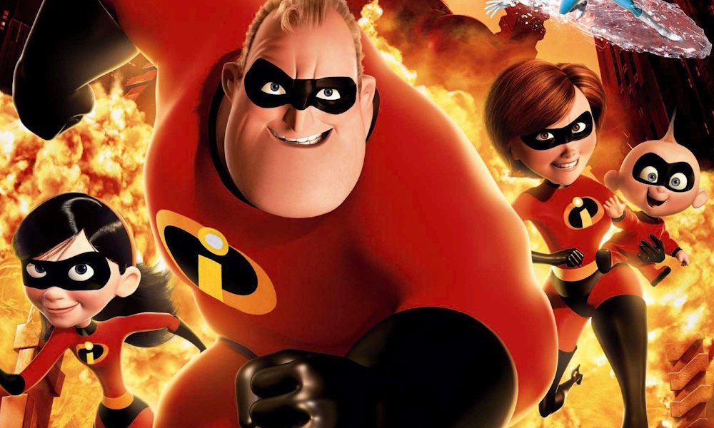 TheIncredibles1000x600 The Incredibles, a family of superheroes in red costumes with a yellow letter "i" on the chest.