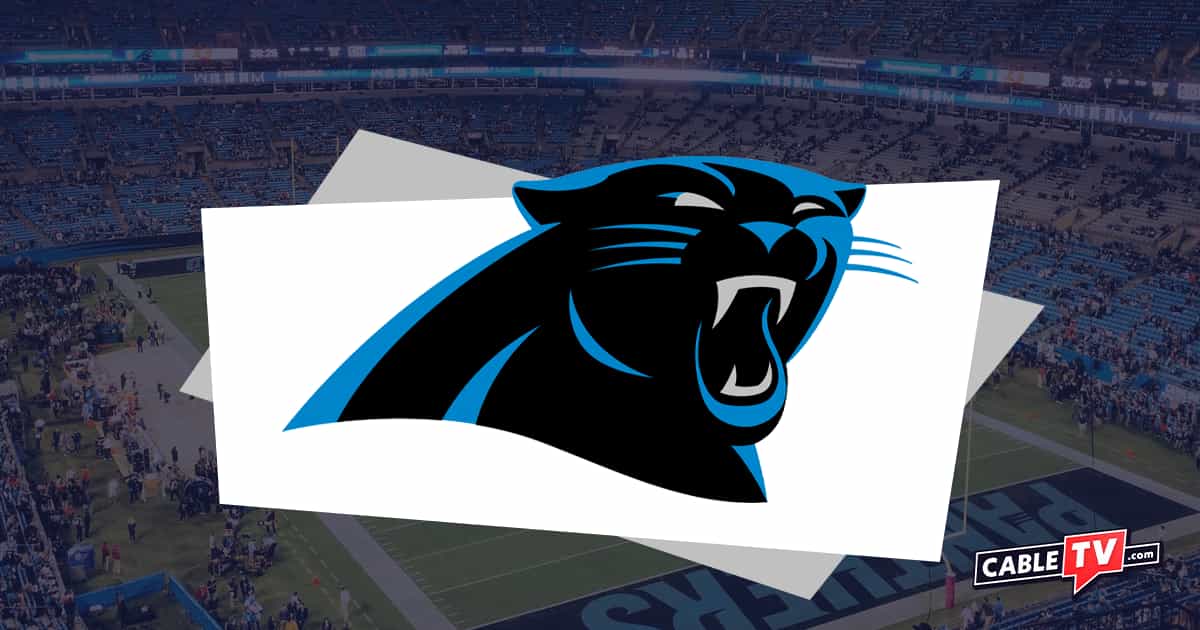 The Carolina Panthers logo over an image of Bank of America Stadium.