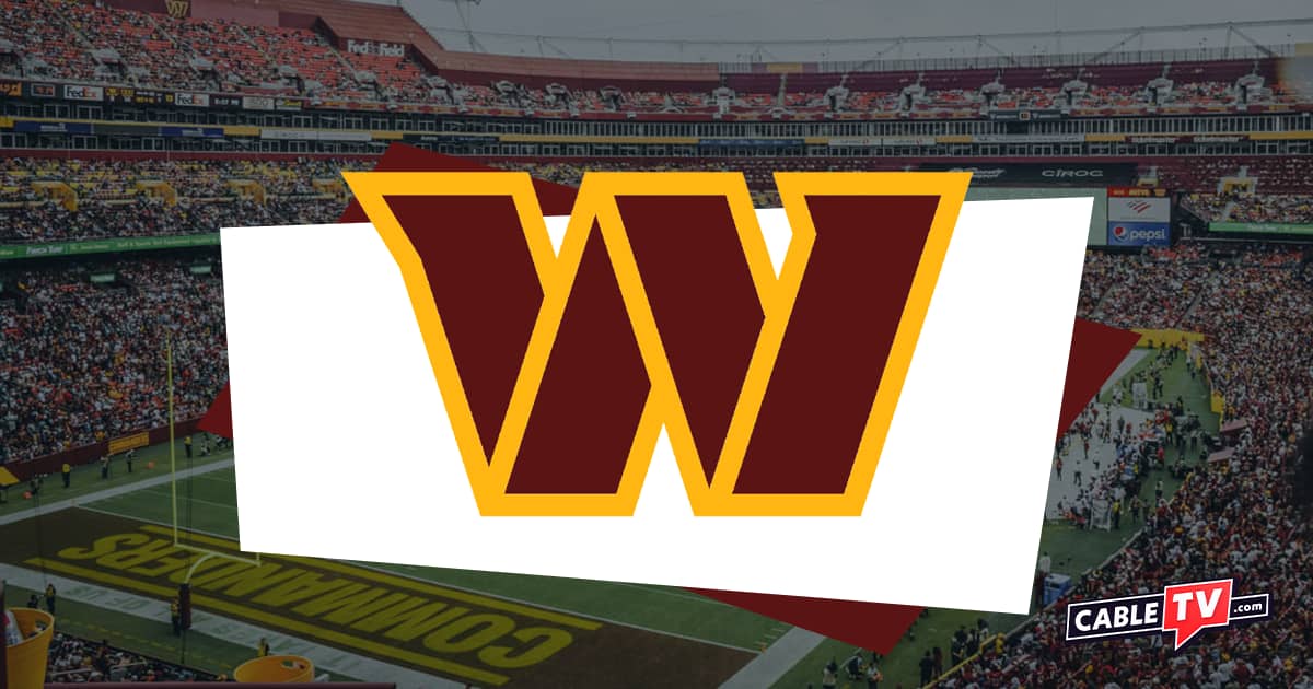 The Washington Commanders logo over an image of Northwest Stadium.