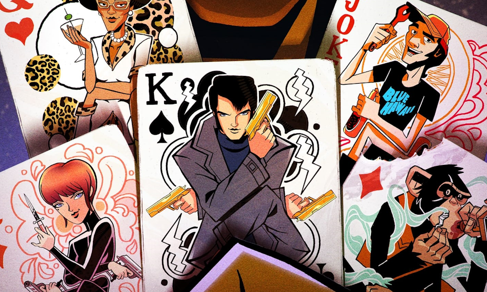 AgentElvis1000x600 A cartoon Elvis holding a gun on a playing card.