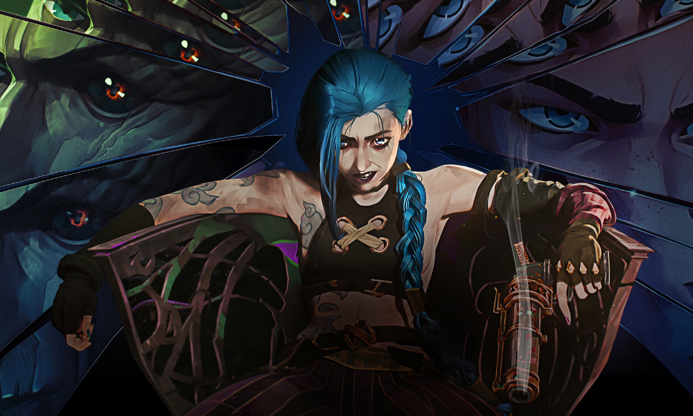 Arcane1000x600 Jinx, a woman with tattoos and long braided blue hair.