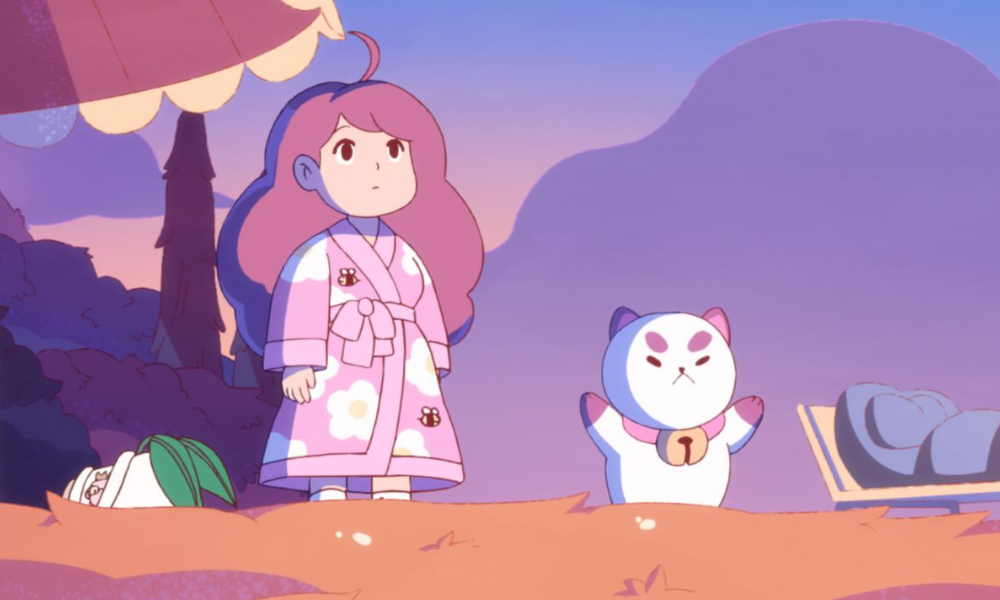 BeeandPuppyCat1000x600 A woman with long brown hair in a pink bathrobe stands in soft pastel light next to a white puppy/cat with a bell on his collar.