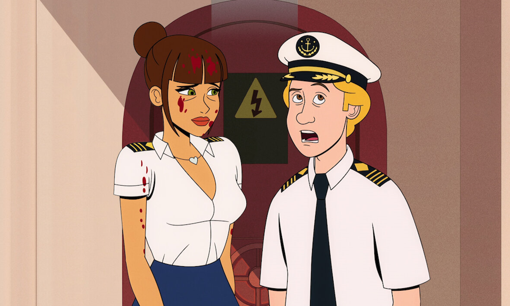 CaptainFall1000x600 A woman with blood on her face next to a blond sea captain looking the other way.