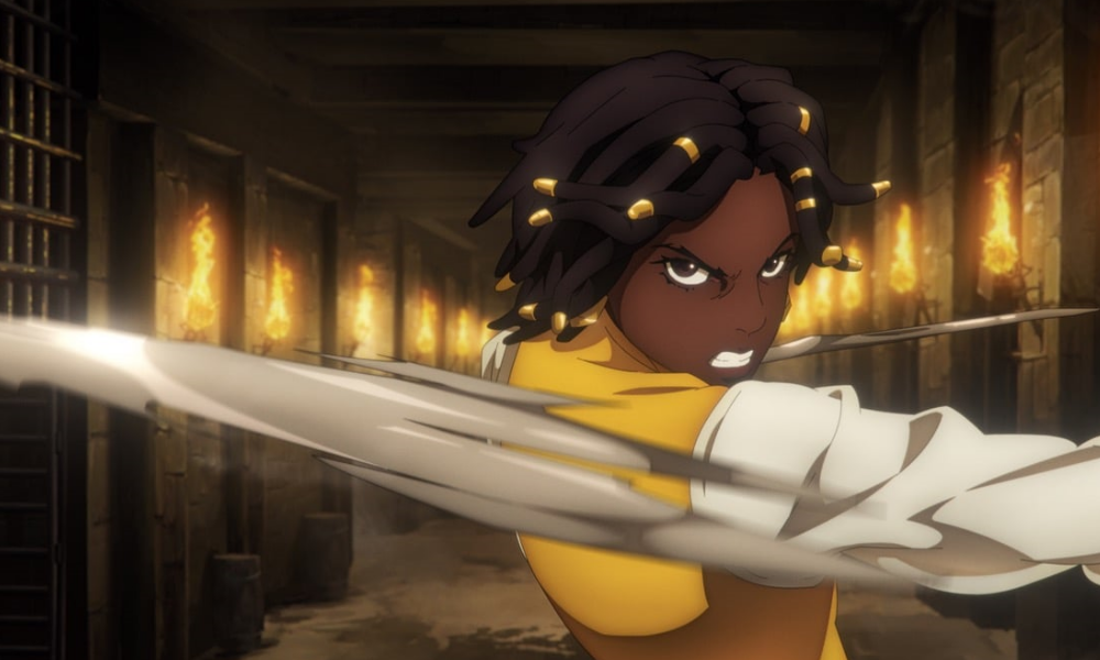 A woman with dark skin and a yellow shirt glares at a threat behind the camera as she attacks.