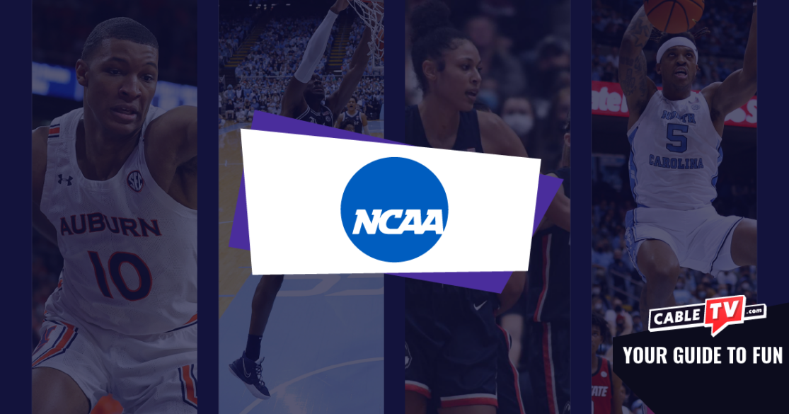Watch College Basketball The NCAA logo on field of basketball action shots.