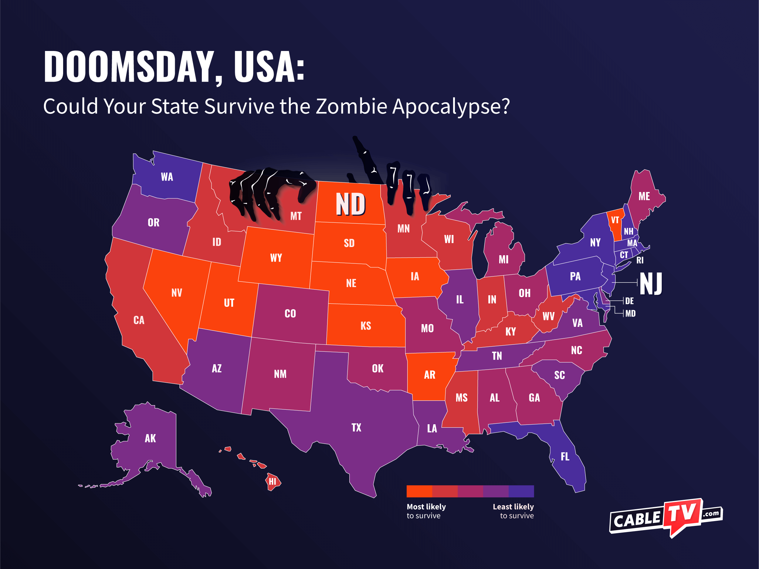 Map of in USA states where you would have the highest likelihood of surviving a zombie apocalypse or doomsday.