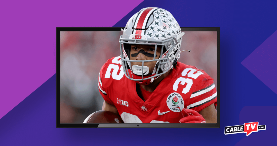 How To Watch College Football An image of a Rose Bowl Game player framed by a flatscreen TV graphic.