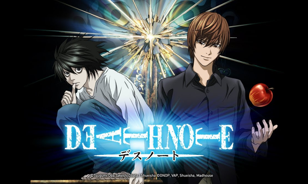 L, a nervous-looking man with long black hair, and Light, a confident man with brown hair holding an apple.