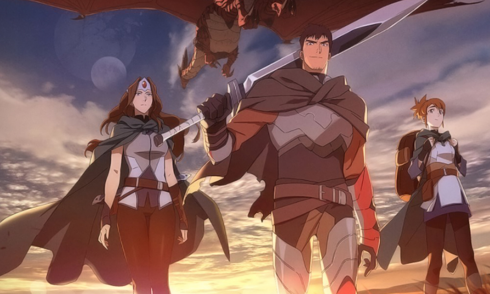 DOTA1000x600 A man and two women set out for a medieval fantasy adventure while a dragon flies overhead.