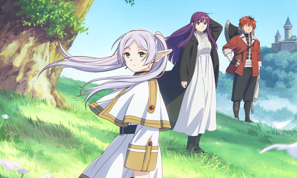 A sad elven woman with long lavender hair looks at the camera while her human friends wait behind her. They're in a soft green meadow in front of a castle.