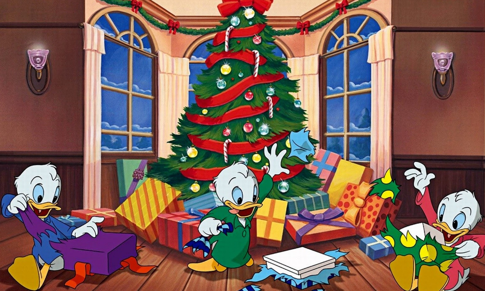 Dewey, Louie, and Huey excitedly open presents on Christmas morning.