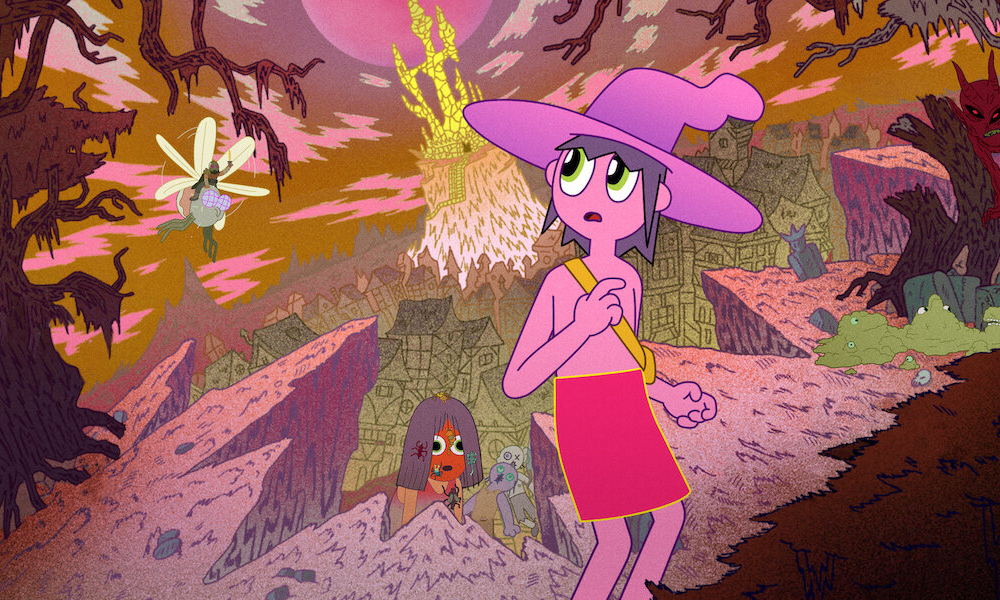 MidnightGospel1000x600 A pink cartoon man in a big wizard hat and skirt looks concerned about monsters coming from a trippy alien environment.