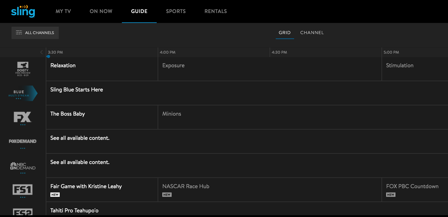 Sling TV channel guide showing channels and times