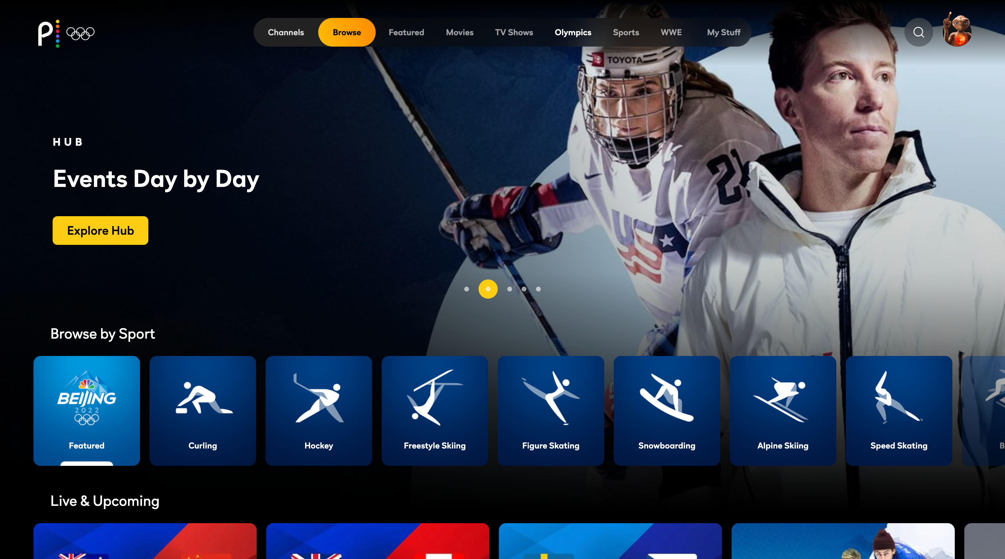 Peacock’s Olympics tab displays options for browsing every Olympic sport.