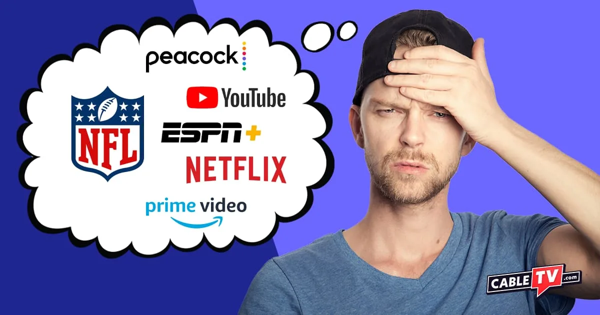 Confused man with a thought bubble showing NFL and streaming service logos.