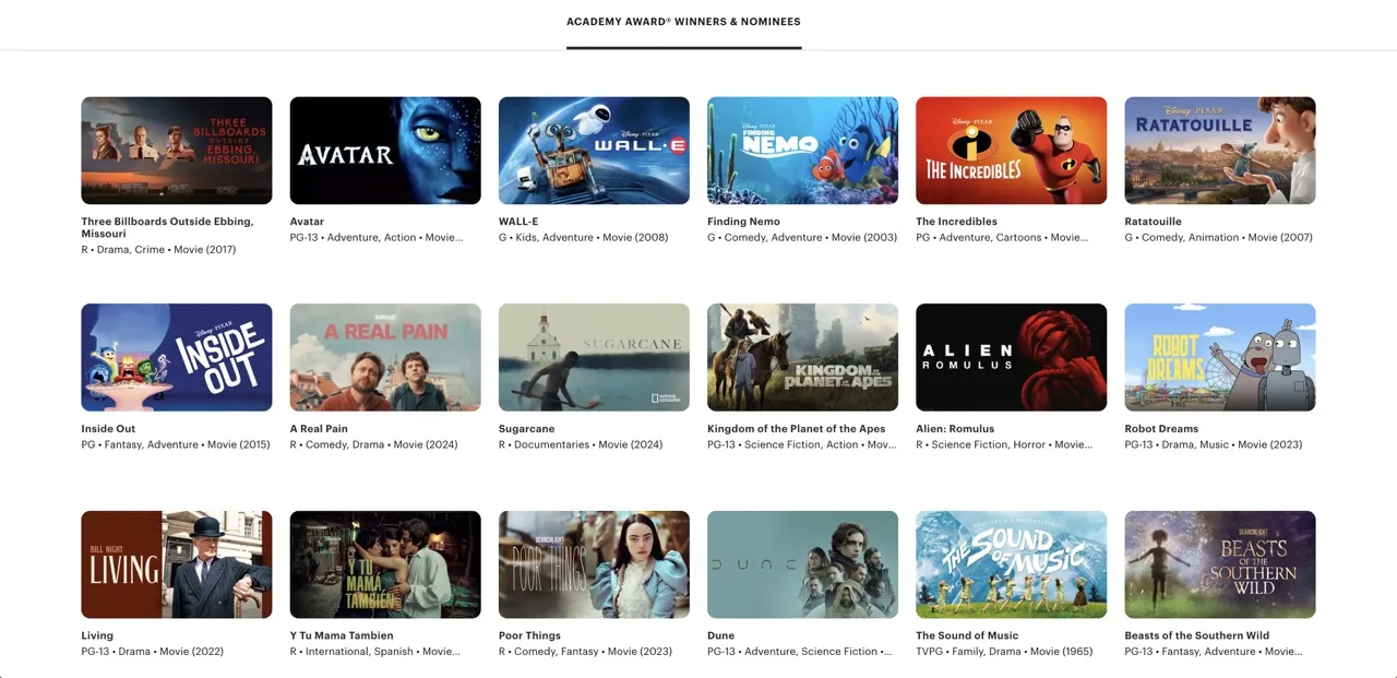 Hulu Academy Award Winners & Nominees hub on a desktop Chrome browser.