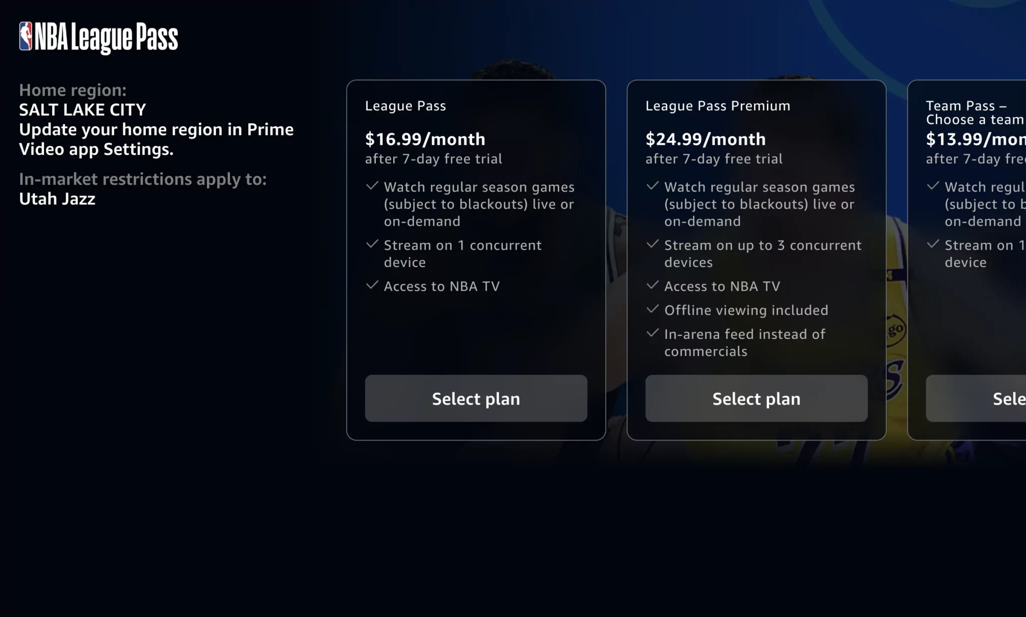 NBA League Pass on Prime Video An Amazon Prime Video webpage detailing three pricing options for subscribing to NBA League Pass.