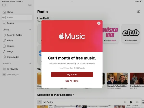 A screenshot of a pop-up on Apple Music's iPad app advertising one month of free music.