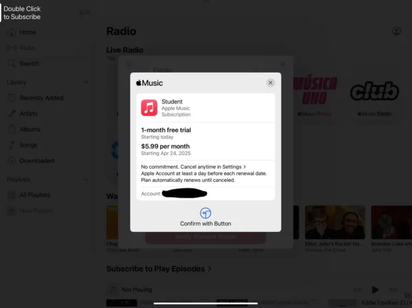 Screenshot of the Apple Music Student subscription confirmation on iPad.