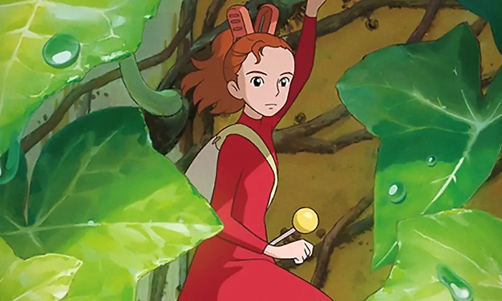 Arrietty1000x600 An animated girl with a red ponytail and red hair. She is very small and surrounded by large leaves.
