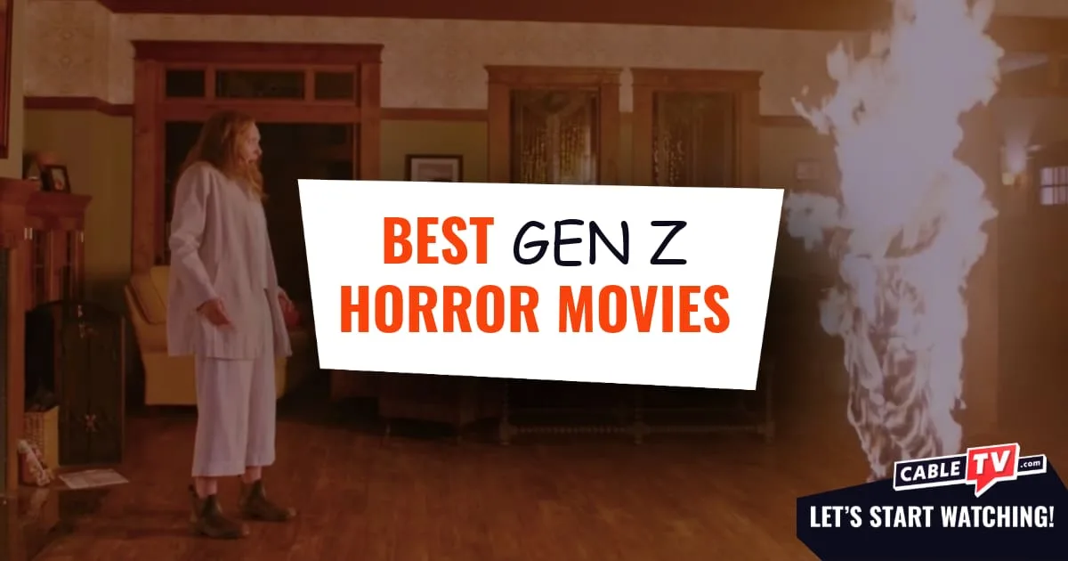 Scene from a horror movie in an old house with a surprised woman looking at a human figure on fire