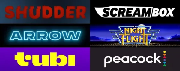 A collage of logos for Shudder, Screambox, Arrow Player, Night Flight Plus, Tubi, and Peacock, services included in Best Streaming Services for Horror Fans 2024.