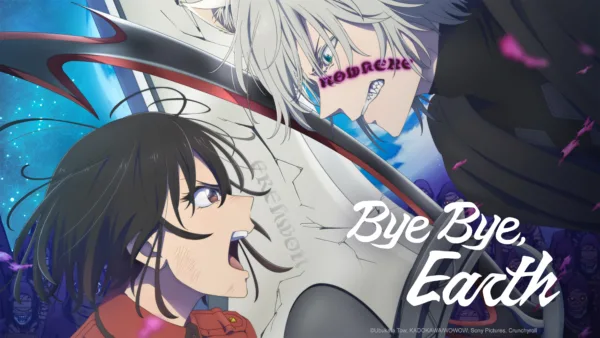 Promo art for Bye Bye, Earth, featuring an anime woman facing off in a duel against a man with cat ears.
